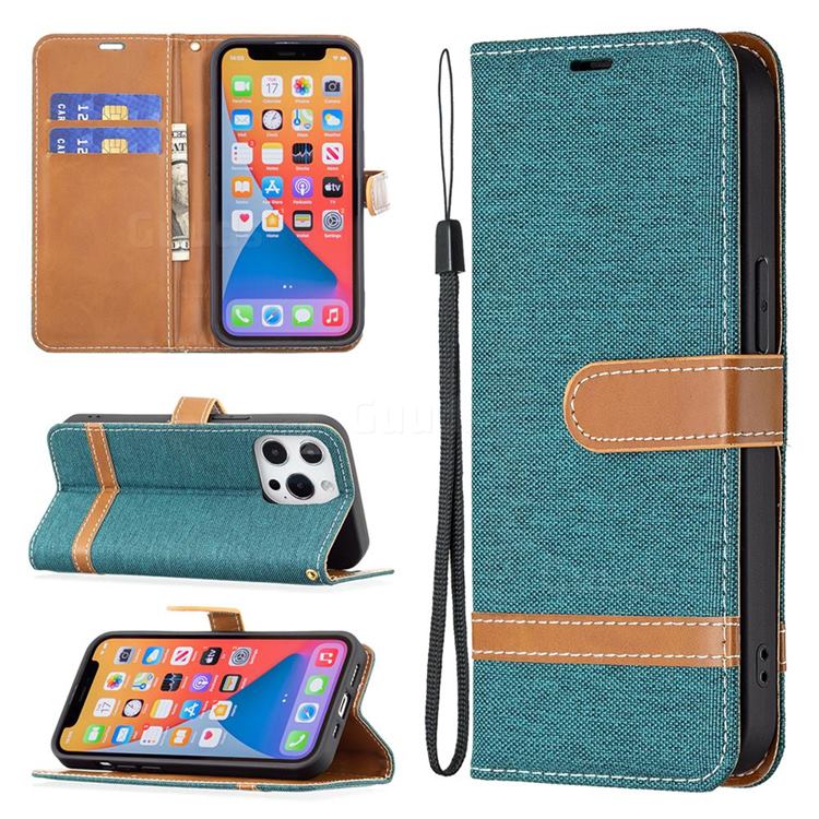 Jeans Cowboy Denim Leather Wallet Case for iPhone 13 Pro (6.1 inch) - Green