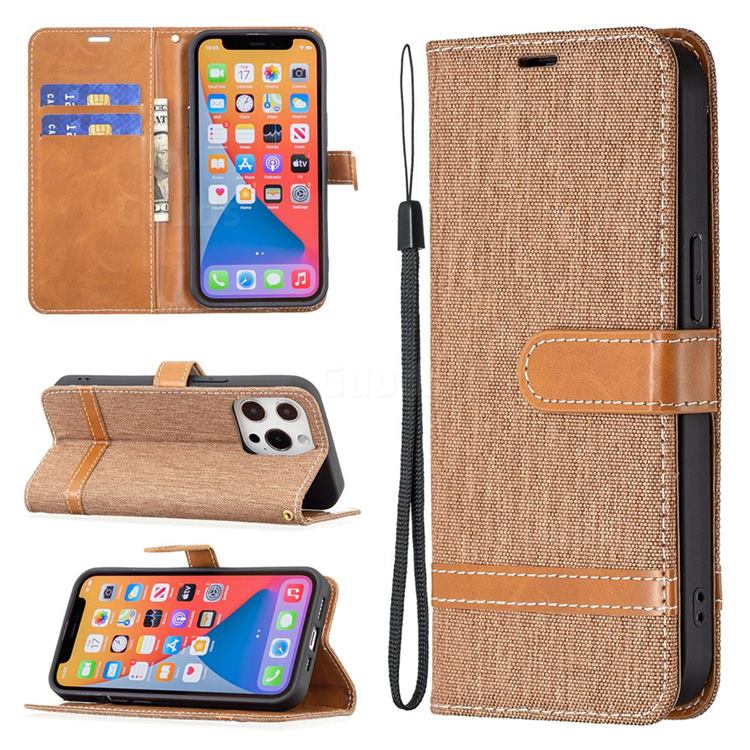 Jeans Cowboy Denim Leather Wallet Case for iPhone 13 Pro (6.1 inch) - Brown