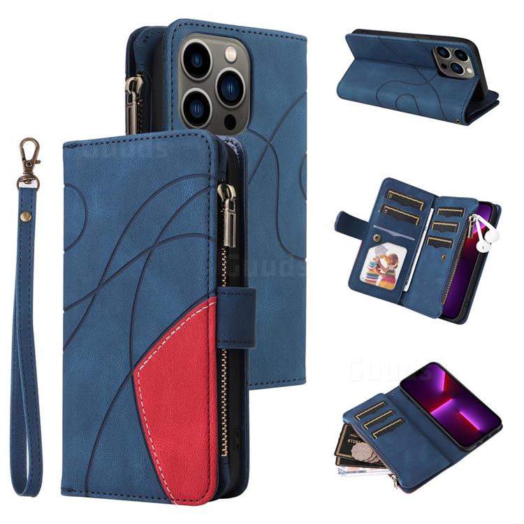 Luxury Two-color Stitching Multi-function Zipper Leather Wallet Case Cover for iPhone 13 Pro (6.1 inch) - Blue