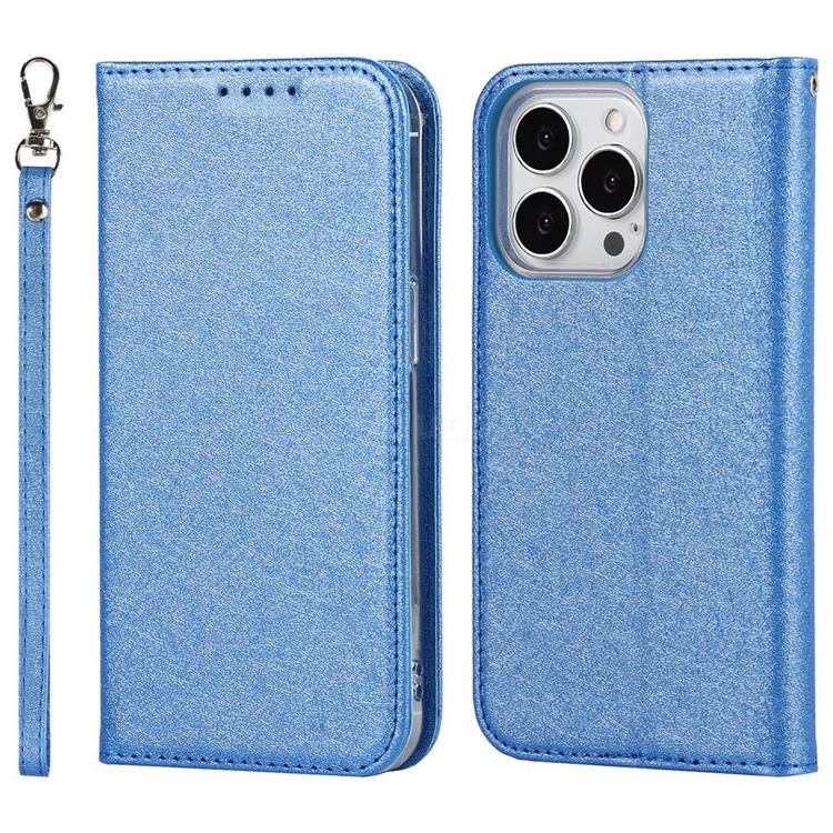 Ultra Slim Magnetic Automatic Suction Silk Lanyard Leather Flip Cover for iPhone 13 Pro (6.1 inch) - Sky Blue