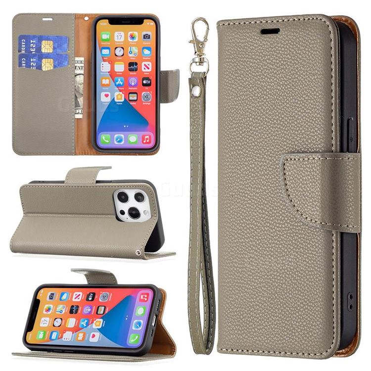 Classic Luxury Litchi Leather Phone Wallet Case for iPhone 13 Pro (6.1 inch) - Gray