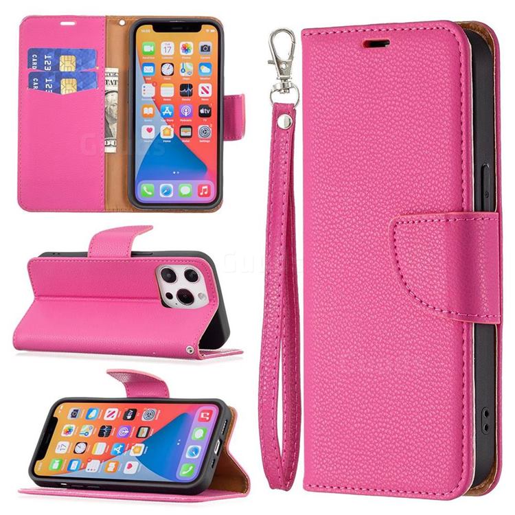 Classic Luxury Litchi Leather Phone Wallet Case for iPhone 13 Pro (6.1 inch) - Rose