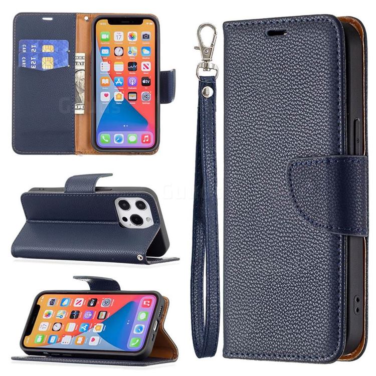 Classic Luxury Litchi Leather Phone Wallet Case for iPhone 13 Pro (6.1 inch) - Blue