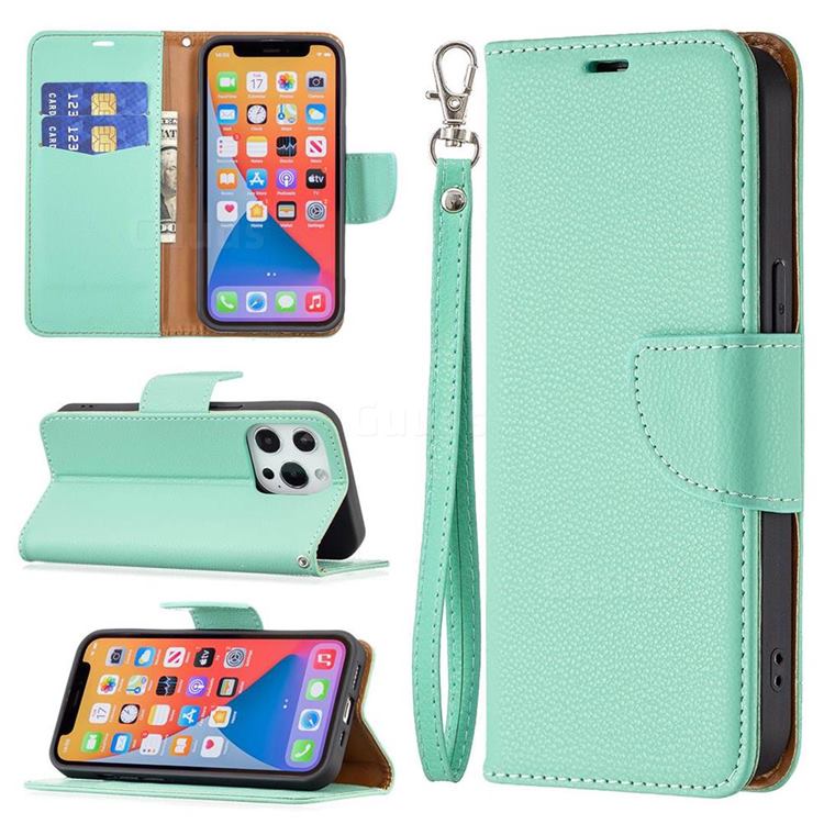 Classic Luxury Litchi Leather Phone Wallet Case for iPhone 13 Pro (6.1 inch) - Green