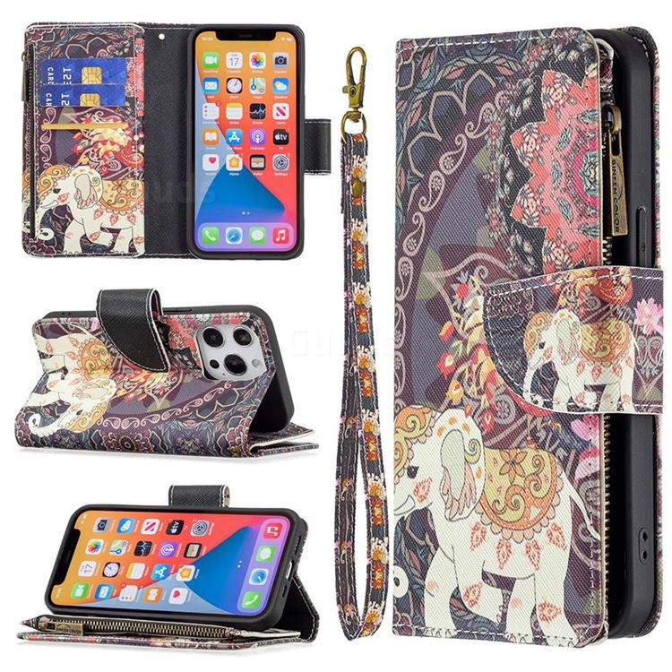 Totem Flower Elephant Binfen Color BF03 Retro Zipper Leather Wallet Phone Case for iPhone 13 Pro (6.1 inch)