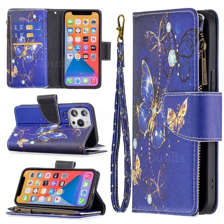 Purple Butterfly Binfen Color BF03 Retro Zipper Leather Wallet Phone Case for iPhone 13 Pro (6.1 inch)