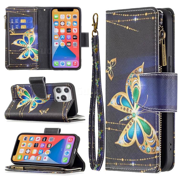 Golden Shining Butterfly Binfen Color BF03 Retro Zipper Leather Wallet Phone Case for iPhone 13 Pro (6.1 inch)