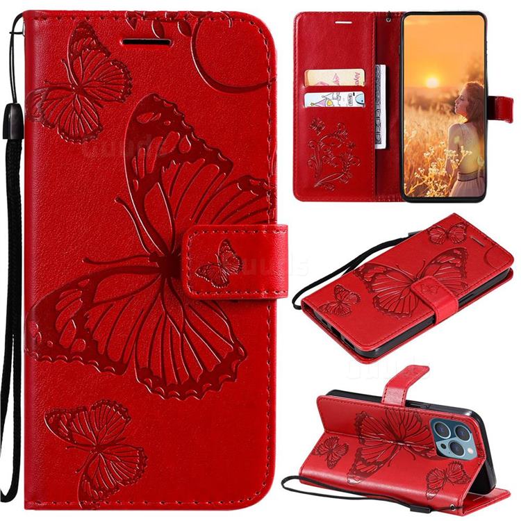 Embossing 3D Butterfly Leather Wallet Case for iPhone 13 Pro (6.1 inch) - Red