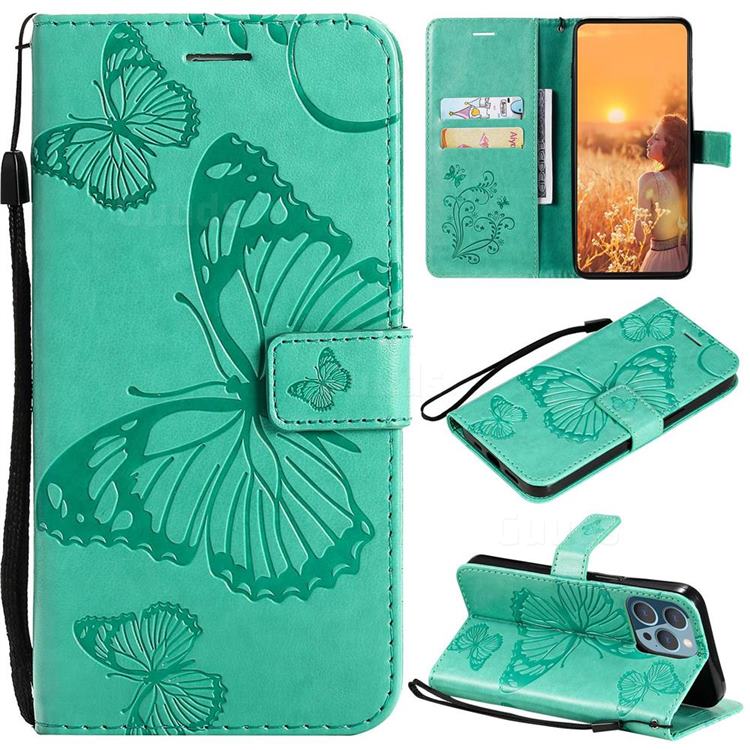 Embossing 3D Butterfly Leather Wallet Case for iPhone 13 Pro (6.1 inch) - Green