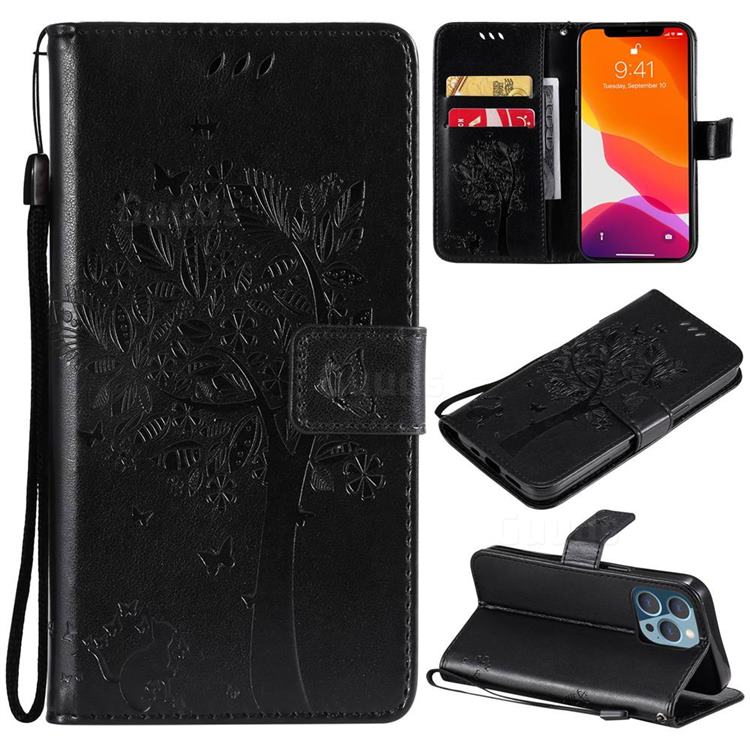 Embossing Butterfly Tree Leather Wallet Case for iPhone 13 Pro (6.1 inch) - Black