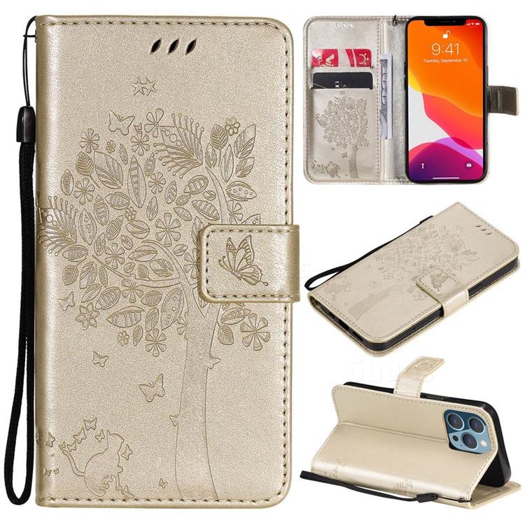 Embossing Butterfly Tree Leather Wallet Case for iPhone 13 Pro (6.1 inch) - Champagne
