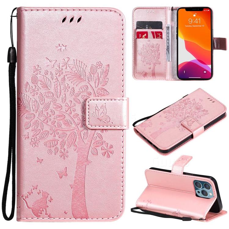 Embossing Butterfly Tree Leather Wallet Case for iPhone 13 Pro (6.1 inch) - Rose Pink