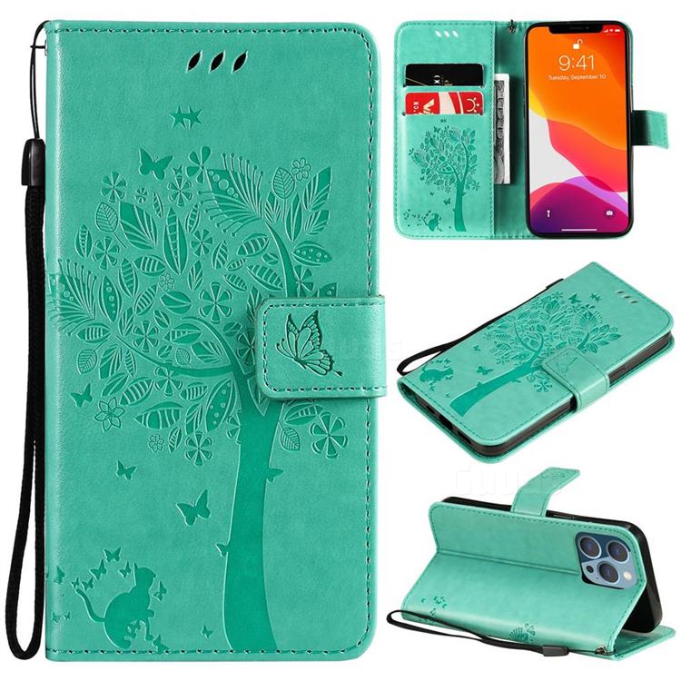 Embossing Butterfly Tree Leather Wallet Case for iPhone 13 Pro (6.1 inch) - Cyan