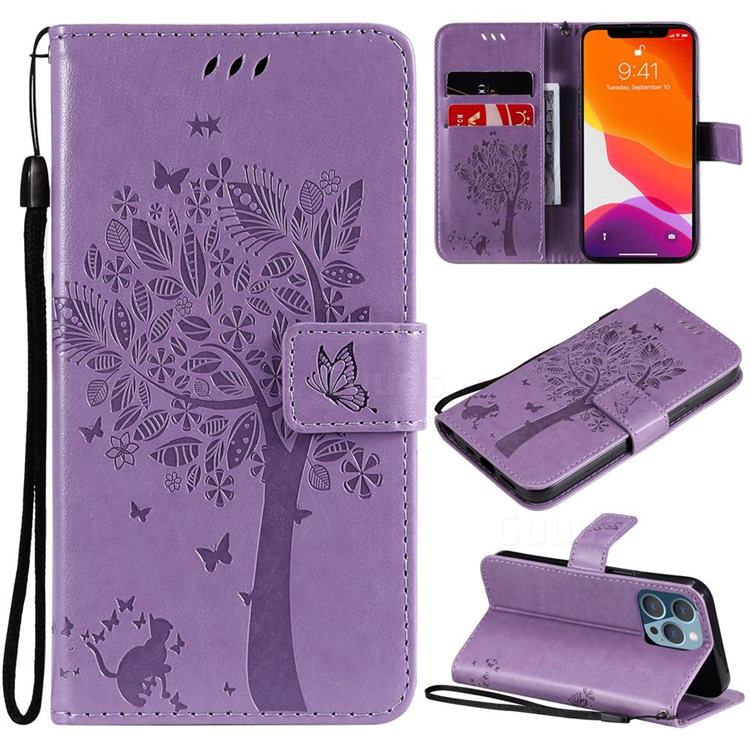 Embossing Butterfly Tree Leather Wallet Case for iPhone 13 Pro (6.1 inch) - Violet