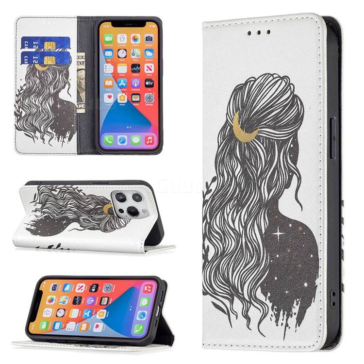 Girl with Long Hair Slim Magnetic Attraction Wallet Flip Cover for iPhone 13 Pro (6.1 inch)