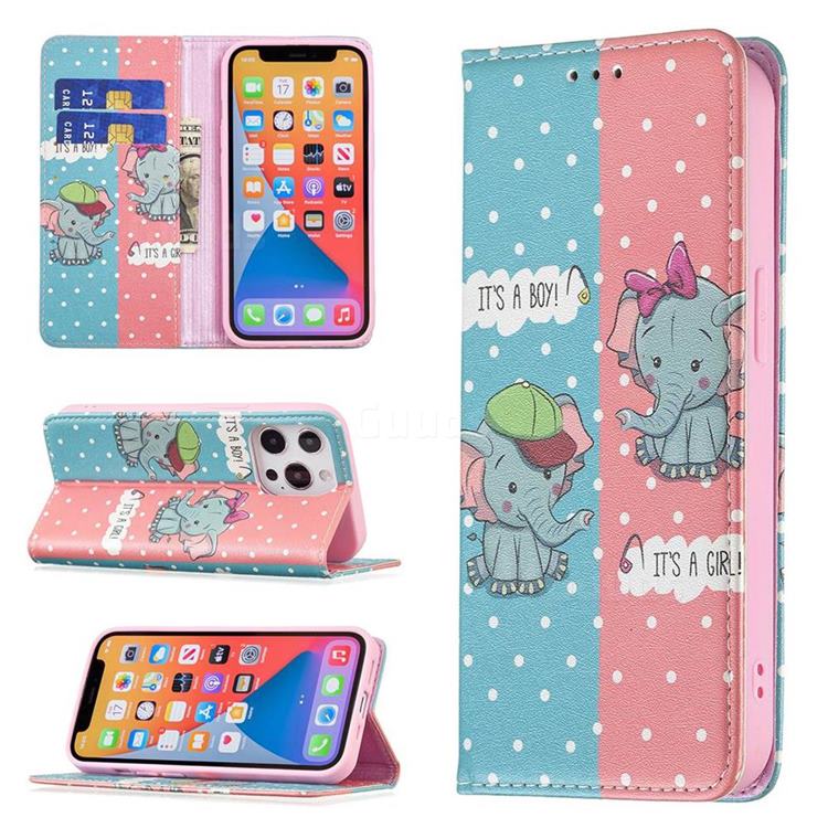 Elephant Boy and Girl Slim Magnetic Attraction Wallet Flip Cover for iPhone 13 Pro (6.1 inch)