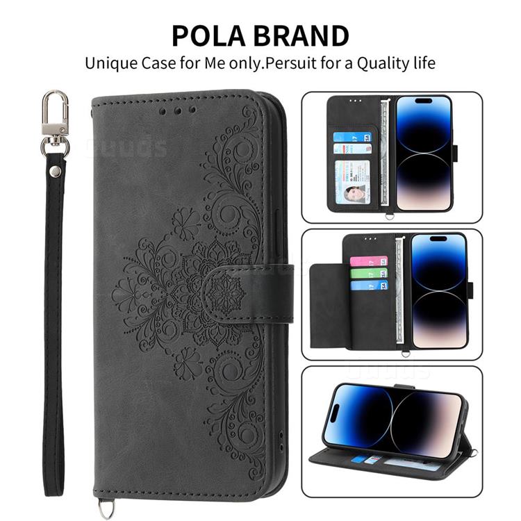 Skin Feel Embossed Lace Flower Multiple Card Slots Leather Wallet Phone Case for iPhone 13 Pro (6.1 inch) - Black