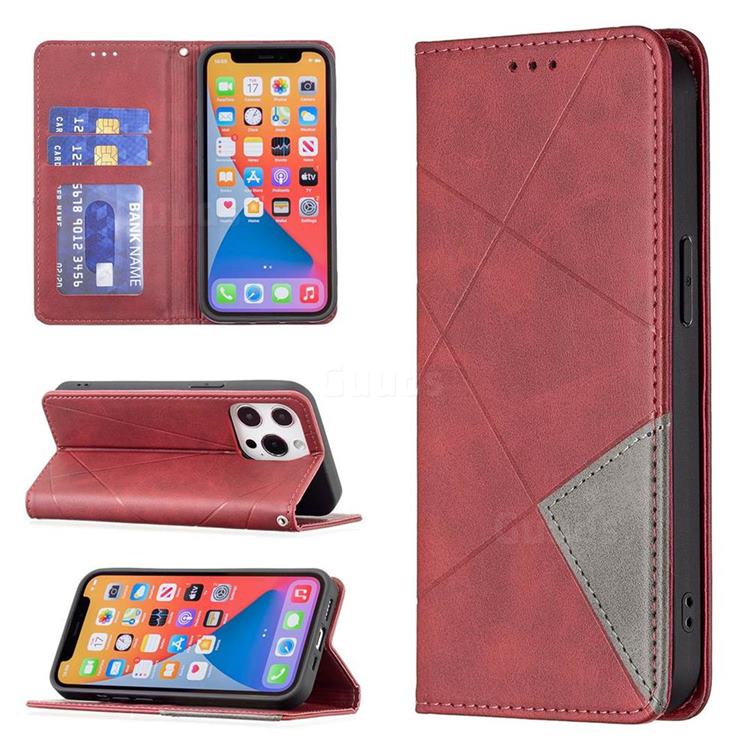 Prismatic Slim Magnetic Sucking Stitching Wallet Flip Cover for iPhone 13 Pro (6.1 inch) - Red