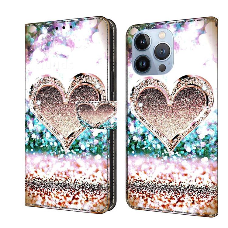 Pink Diamond Heart Crystal PU Leather Protective Wallet Case Cover for iPhone 13 Pro (6.1 inch)
