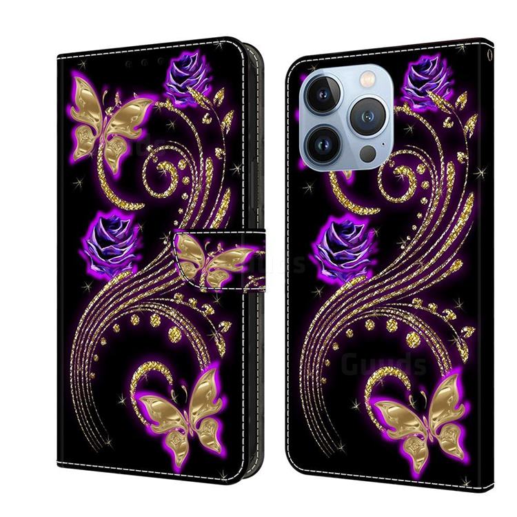 Purple Flower Butterfly Crystal PU Leather Protective Wallet Case Cover for iPhone 13 Pro (6.1 inch)