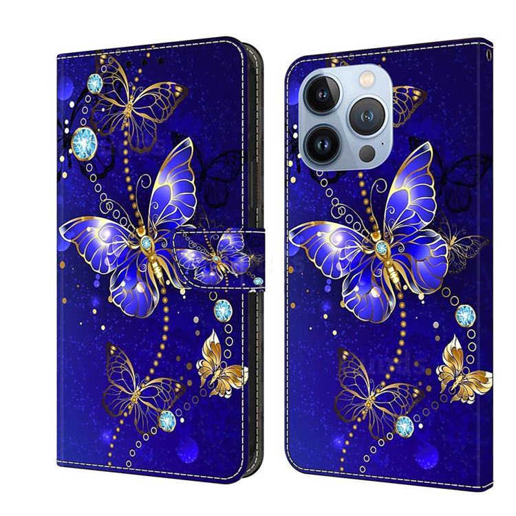 Blue Diamond Butterfly Crystal PU Leather Protective Wallet Case Cover for iPhone 13 Pro (6.1 inch)