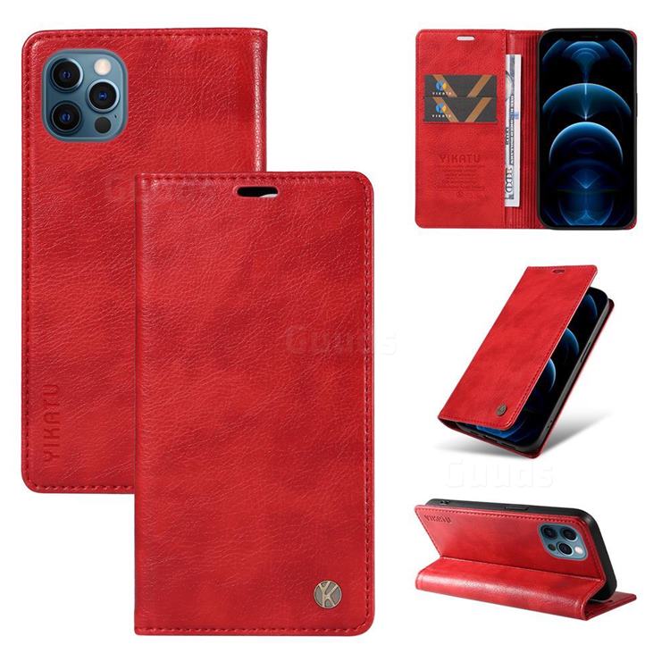 YIKATU Litchi Card Magnetic Automatic Suction Leather Flip Cover for iPhone 13 Pro (6.1 inch) - Bright Red