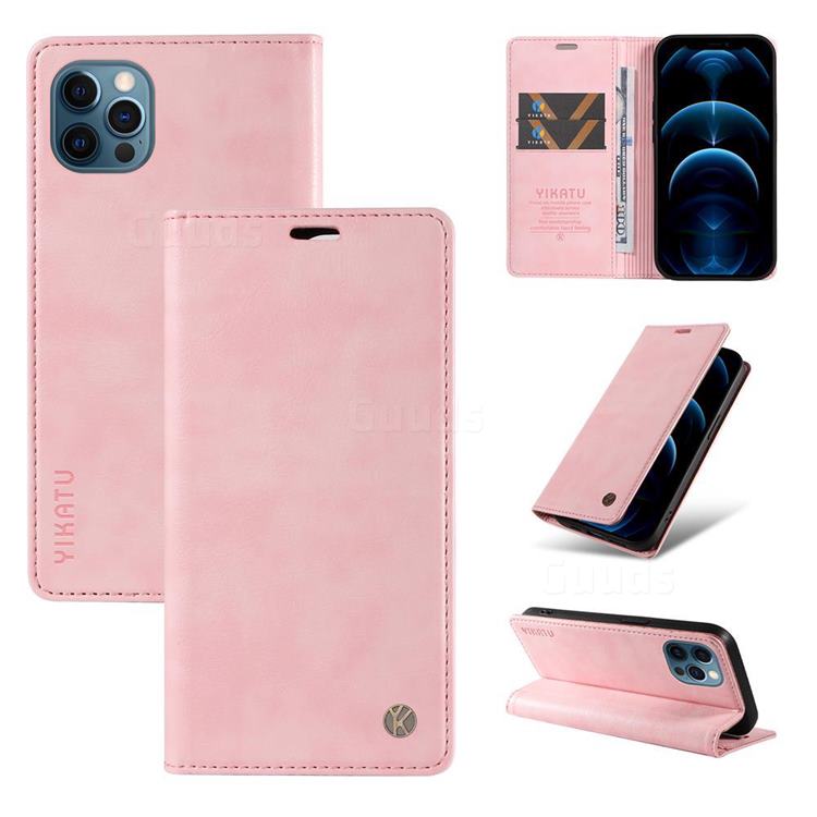 YIKATU Litchi Card Magnetic Automatic Suction Leather Flip Cover for iPhone 13 Pro (6.1 inch) - Pink