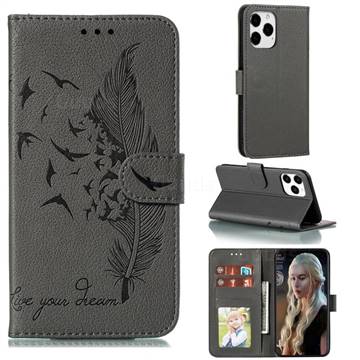 Intricate Embossing Lychee Feather Bird Leather Wallet Case for iPhone 13 Pro Max (6.7 inch) - Gray