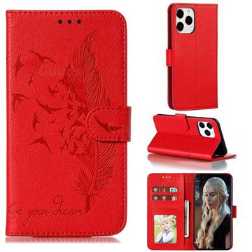 Intricate Embossing Lychee Feather Bird Leather Wallet Case for iPhone 13 Pro Max (6.7 inch) - Red