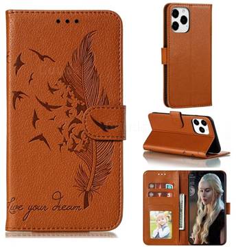 Intricate Embossing Lychee Feather Bird Leather Wallet Case for iPhone 13 Pro Max (6.7 inch) - Brown