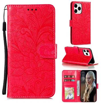 Intricate Embossing Lace Jasmine Flower Leather Wallet Case for iPhone 13 Pro Max (6.7 inch) - Red