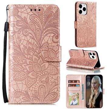 Intricate Embossing Lace Jasmine Flower Leather Wallet Case for iPhone 13 Pro Max (6.7 inch) - Rose Gold