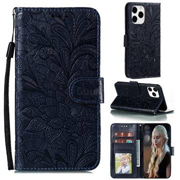 Intricate Embossing Lace Jasmine Flower Leather Wallet Case for iPhone 13 Pro Max (6.7 inch) - Dark Blue