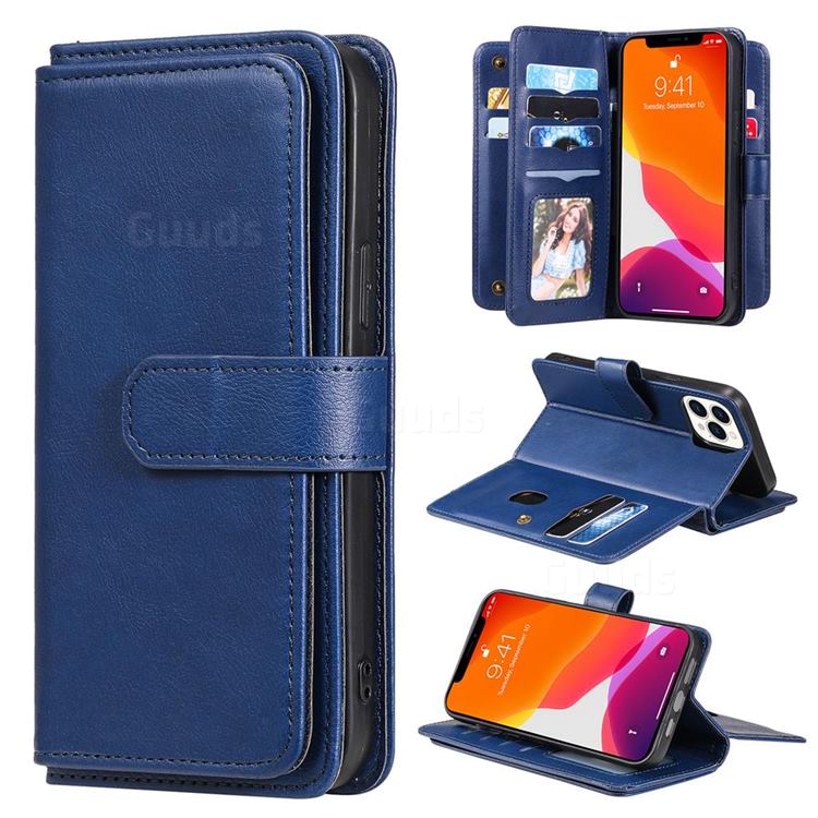 Multi-function Ten Card Slots and Photo Frame PU Leather Wallet Phone Case Cover for iPhone 13 Pro Max (6.7 inch) - Dark Blue