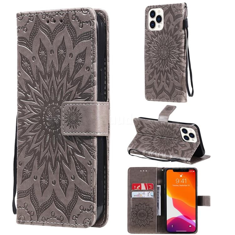 Embossing Sunflower Leather Wallet Case for iPhone 13 Pro Max (6.7 inch) - Gray