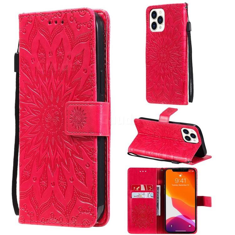 Embossing Sunflower Leather Wallet Case for iPhone 13 Pro Max (6.7 inch) - Red