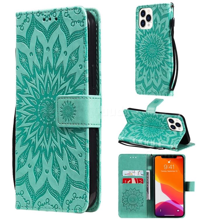 Embossing Sunflower Leather Wallet Case for iPhone 13 Pro Max (6.7 inch) - Green
