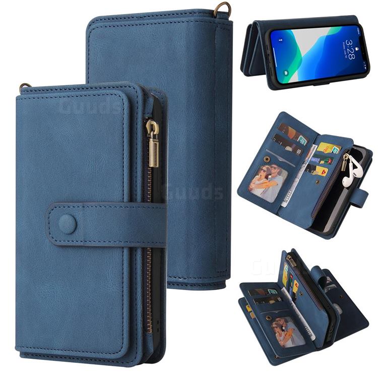 Luxury Multi-functional Zipper Wallet Leather Phone Case Cover for iPhone 13 Pro Max (6.7 inch) - Blue