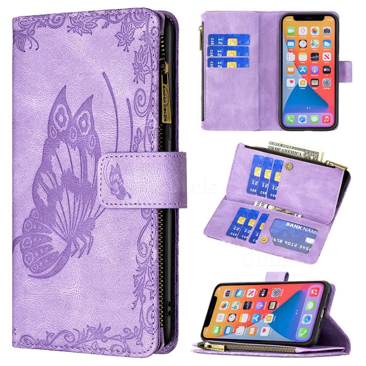 Binfen Color Imprint Vivid Butterfly Buckle Zipper Multi-function Leather Phone Wallet for iPhone 13 Pro Max (6.7 inch) - Purple