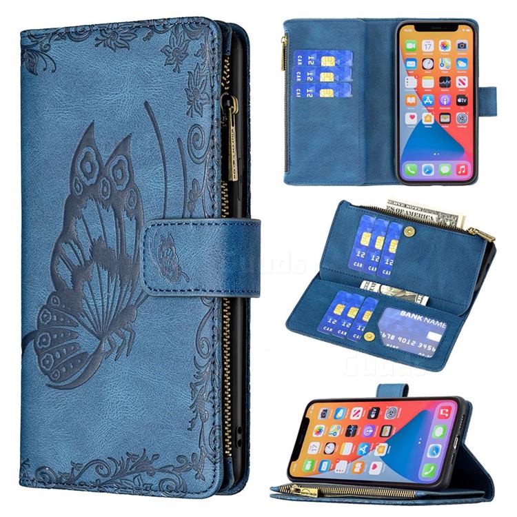 Binfen Color Imprint Vivid Butterfly Buckle Zipper Multi-function Leather Phone Wallet for iPhone 13 Pro Max (6.7 inch) - Blue