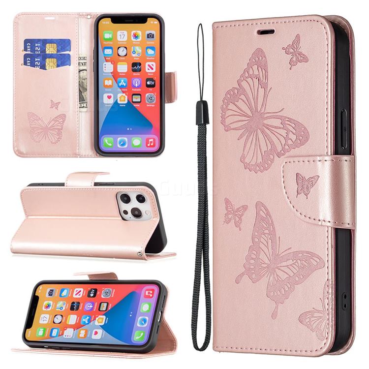 Embossing Double Butterfly Leather Wallet Case for iPhone 13 Pro Max (6.7 inch) - Rose Gold