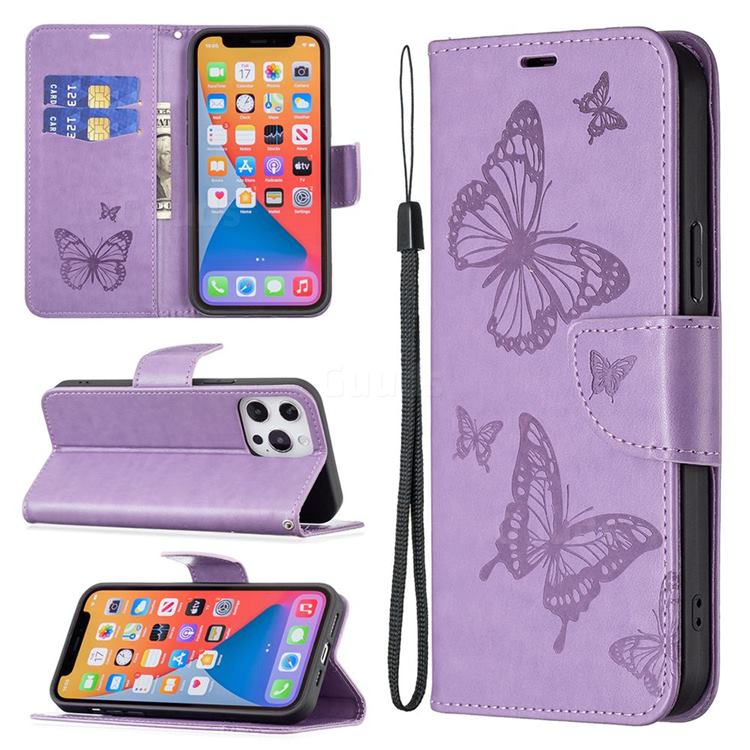 Embossing Double Butterfly Leather Wallet Case for iPhone 13 Pro Max (6.7 inch) - Purple