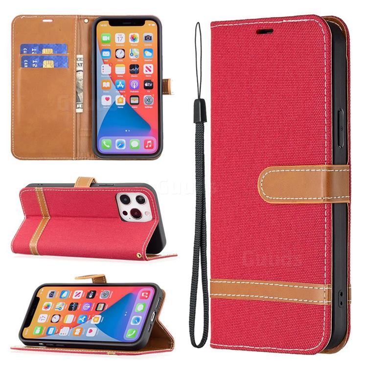 Jeans Cowboy Denim Leather Wallet Case for iPhone 13 Pro Max (6.7 inch) - Red