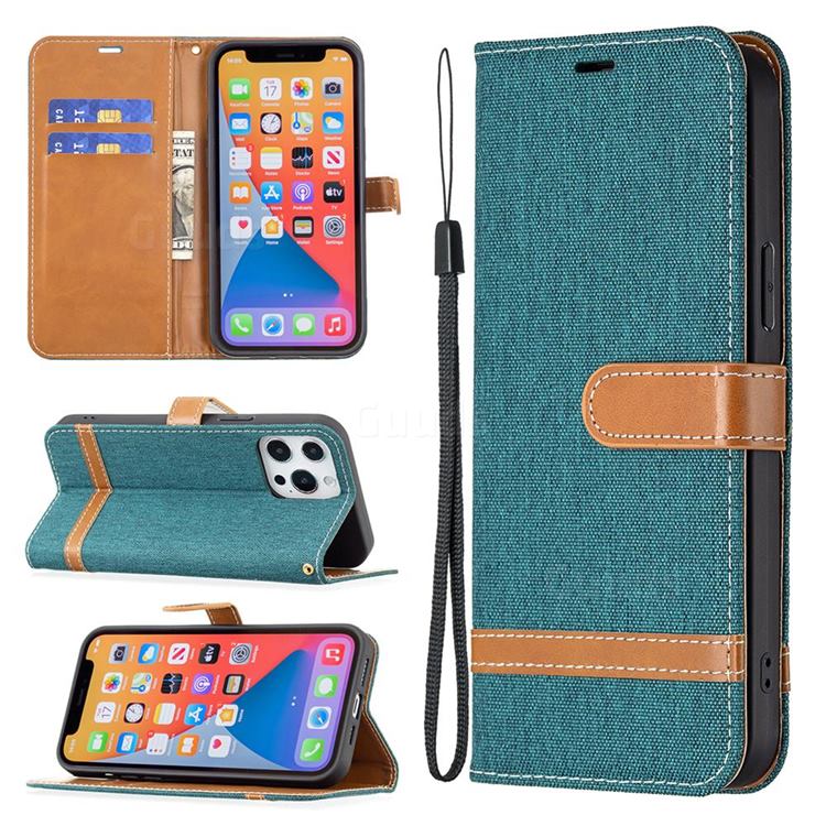 Jeans Cowboy Denim Leather Wallet Case for iPhone 13 Pro Max (6.7 inch) - Green