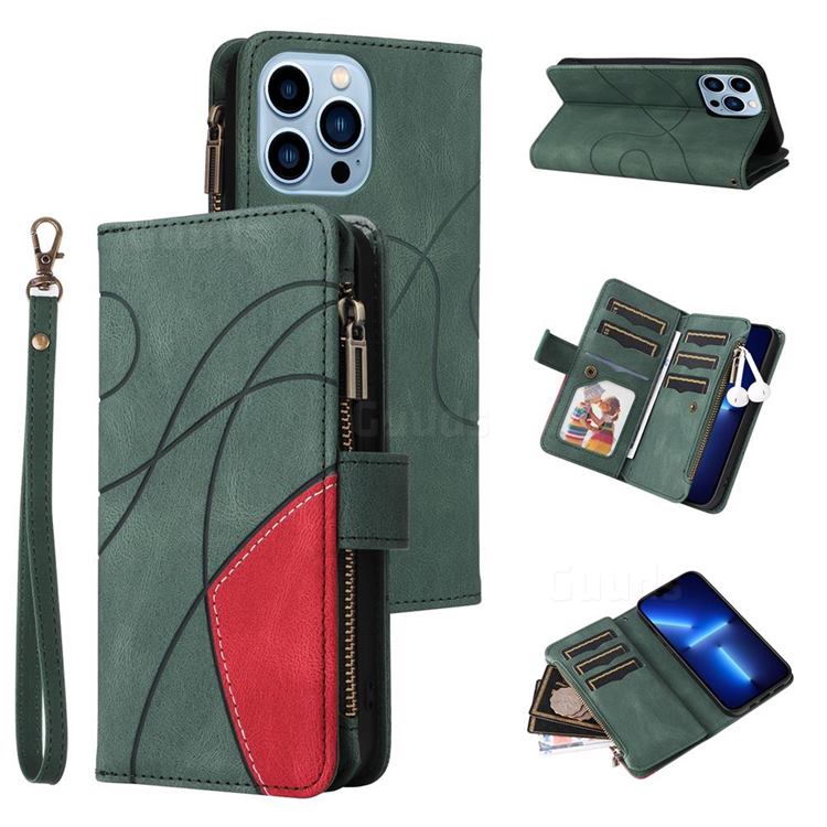 Luxury Two-color Stitching Multi-function Zipper Leather Wallet Case Cover for iPhone 13 Pro Max (6.7 inch) - Green