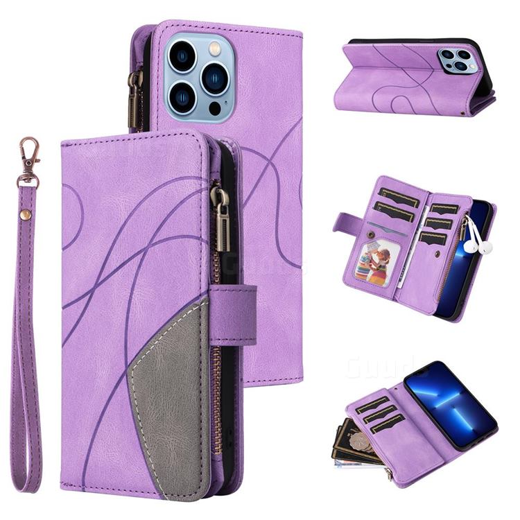 Luxury Two-color Stitching Multi-function Zipper Leather Wallet Case Cover for iPhone 13 Pro Max (6.7 inch) - Purple