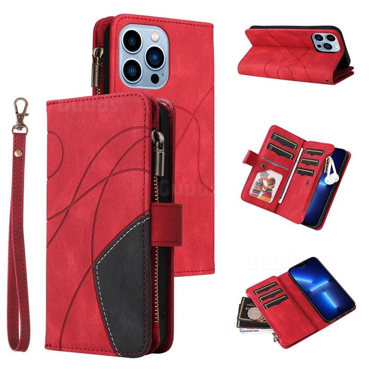 Luxury Two-color Stitching Multi-function Zipper Leather Wallet Case Cover for iPhone 13 Pro Max (6.7 inch) - Red