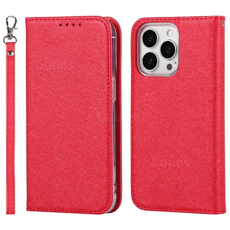 Ultra Slim Magnetic Automatic Suction Silk Lanyard Leather Flip Cover for iPhone 13 Pro Max (6.7 inch) - Red