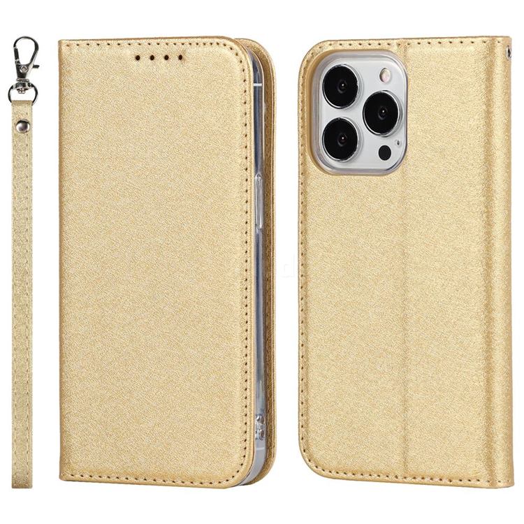 Ultra Slim Magnetic Automatic Suction Silk Lanyard Leather Flip Cover for iPhone 13 Pro Max (6.7 inch) - Golden