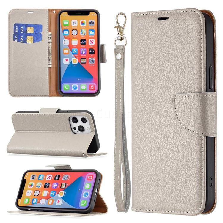 Classic Luxury Litchi Leather Phone Wallet Case for iPhone 13 Pro Max (6.7 inch) - Gray